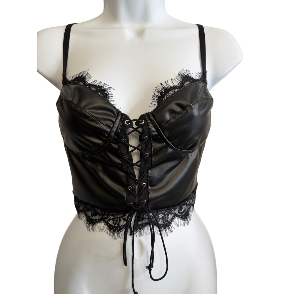 Y2K Black Lace Up Faux Leather Corset Top S Lace Trim Babydoll Crop Biker Goth